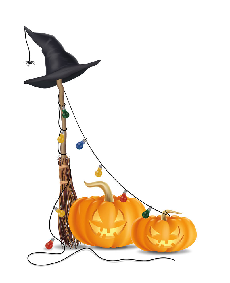 带有趣的杰克o灯笼和万圣节女巫帽的笔记本电脑-在白色背景上隔离的三维渲染插图