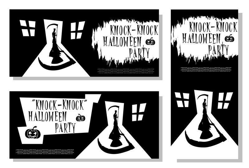 万圣节横幅可怕的死亡和镰刀站在门的房子和大阴影卡通风格设计用于节日聚会上的卡片海报或门票矢量图