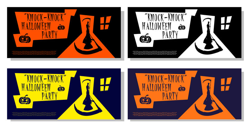 一组白色背景的万圣节横幅可怕的死亡和镰刀站在门口的房子卡通风格设计用于节日聚会的卡片海报传单或门票矢量图