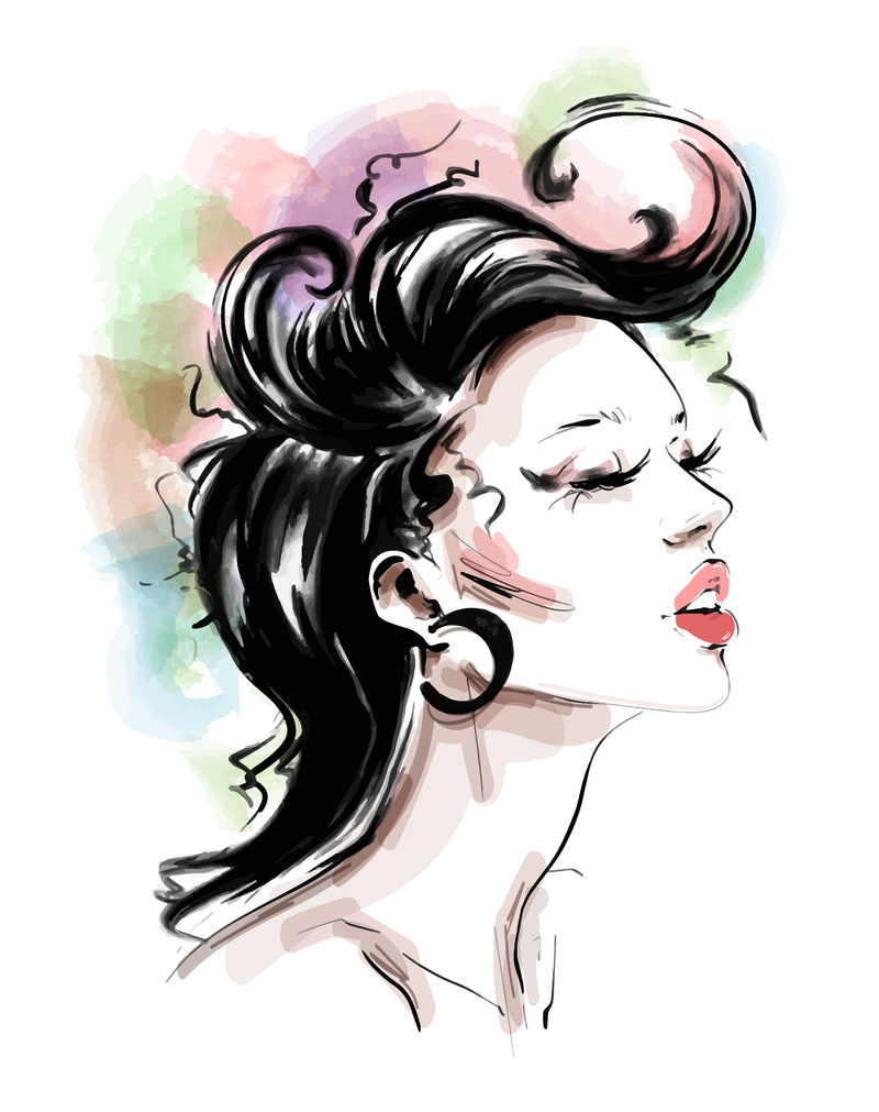 手绘美丽的年轻女子-时尚多彩的发型-时尚女孩-时尚女性-女性专业-素描-矢量图