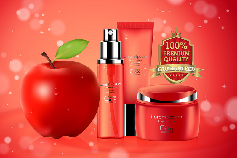 豪华化妆瓶包装护肤霜-苹果霜和凝胶-美容化妆品海报-有背景