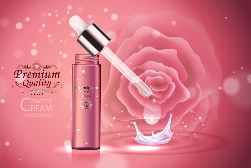 豪华化妆瓶包装护肤霜-美容化妆品海报-玫瑰和背景