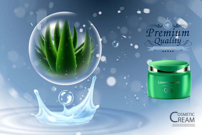 采购产品豪华化妆品瓶包装护肤霜-芦荟保湿面霜-美容化妆品产品海报-与BOKH和水滴背景