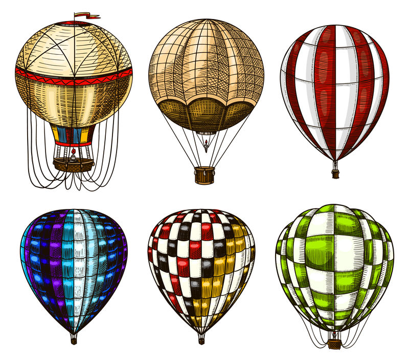 蓝色背景的热气球-矢量复古飞艇与装饰元素-浪漫标志的模板运输-手工雕刻的复古草图