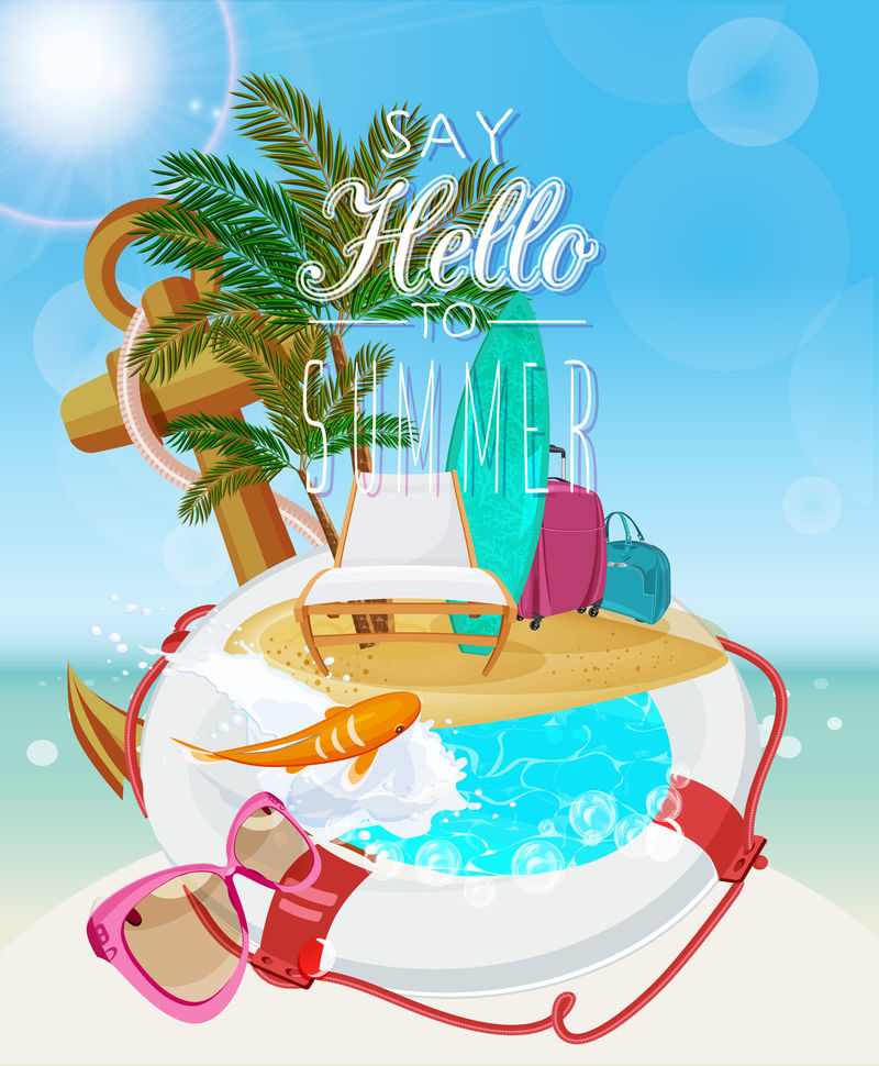 暑假插图-在阳光明媚的日子里可以看到海边的景色-有沙子沙滩椅锚救生器鱼水花太阳镜和棕榈叶