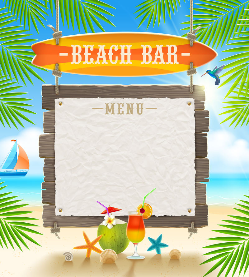 热带海滩酒吧.菜单用招牌冲浪板和纸横幅.暑假矢量设计