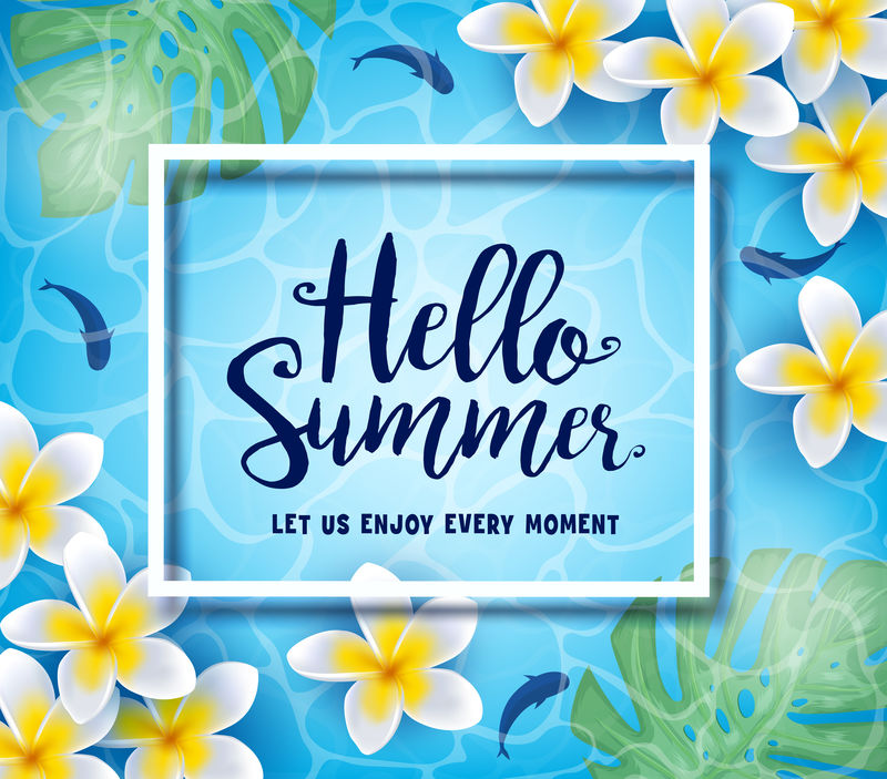 夏季销售的网页横幅模板-美丽的背景和蓝色木质结构的鸡蛋花-矢量图