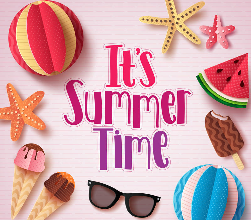 它的夏季矢量背景设计-带有彩色文字和剪纸海滩元素-采用白色纸图案-适合夏季使用-矢量图