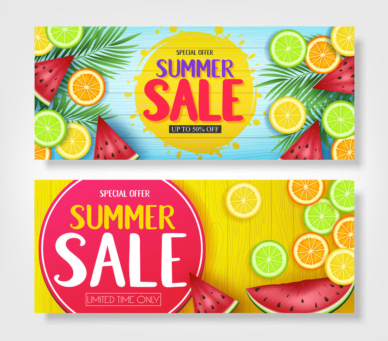 特别优惠夏季销售圆形标签海报-带有热带水果-如橘子酸橙柠檬和西瓜-黄色木质背景-带有棕榈树叶矢量图-用于促销