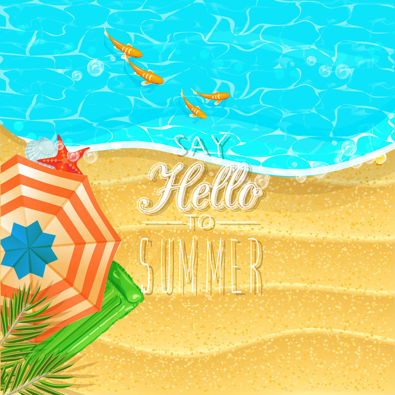 暑假插图-在阳光明媚的日子里可以看到海边的景色-有沙子鱼沙滩伞和棕榈叶-顶视图