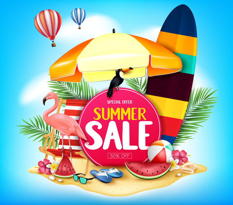 夏季销售在多云的蓝色背景与现实的巨嘴鸟-火烈鸟-西瓜-拖鞋-沙滩球-太阳镜-花-棕榈树叶在沙岛和飞行热气球-矢量
