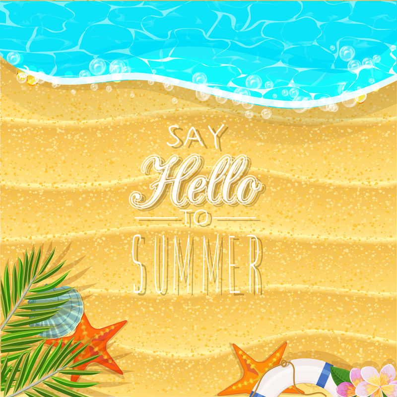 暑假插图-在阳光明媚的日子里-可以看到沙滩和棕榈叶-顶视图