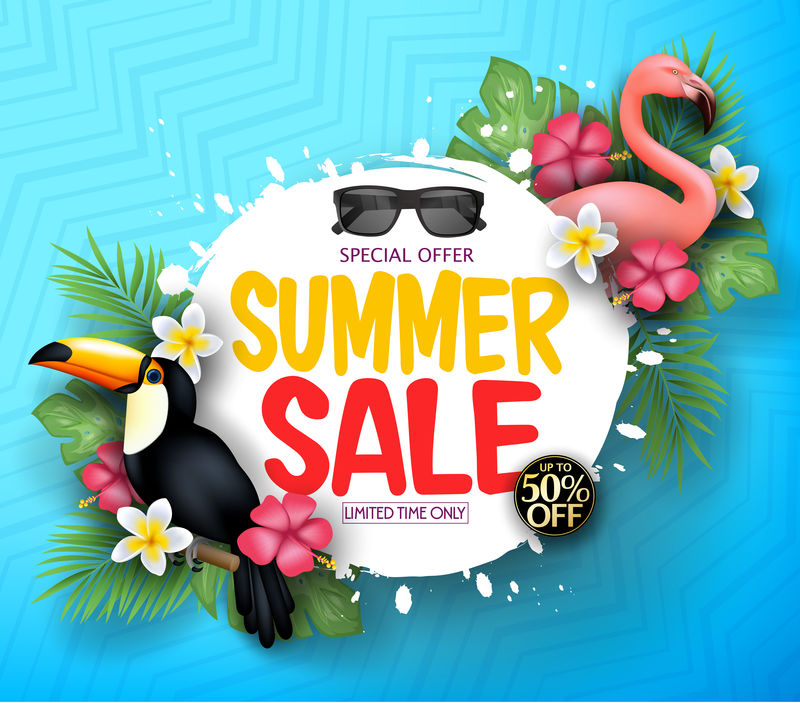 夏季销售-新的特别折扣海报设计与一杯浆果冰沙-太阳镜-棕榈叶和沙丘-文本可用于标志标签传单横幅