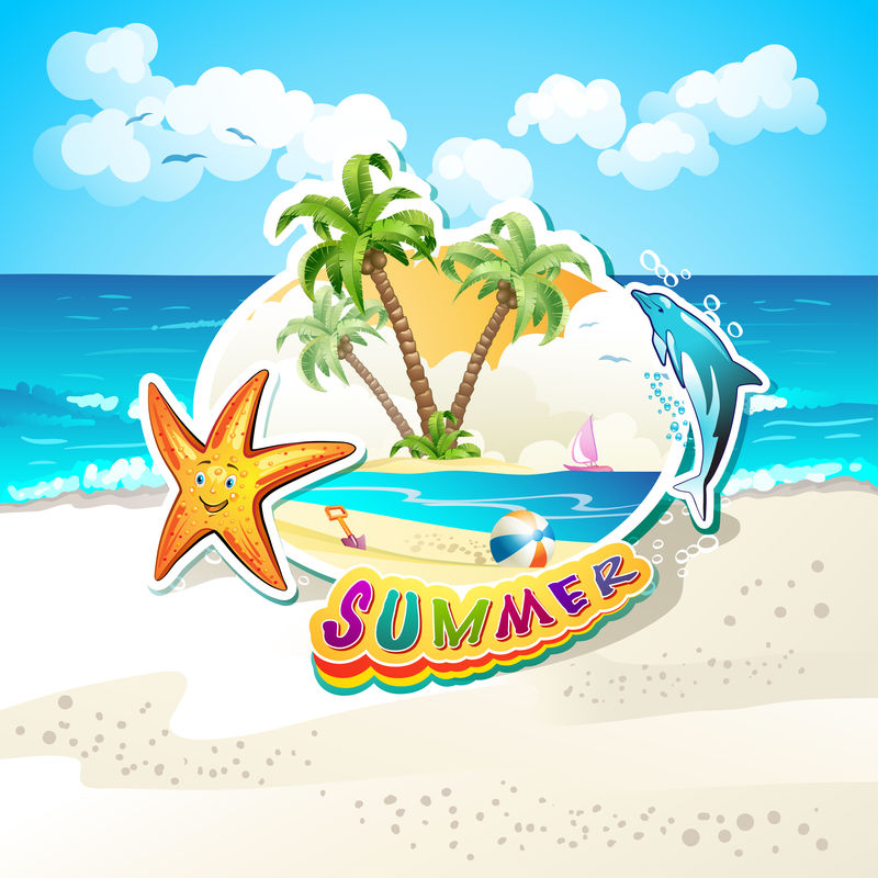 有棕榈树海星和海浪的夏季海滩