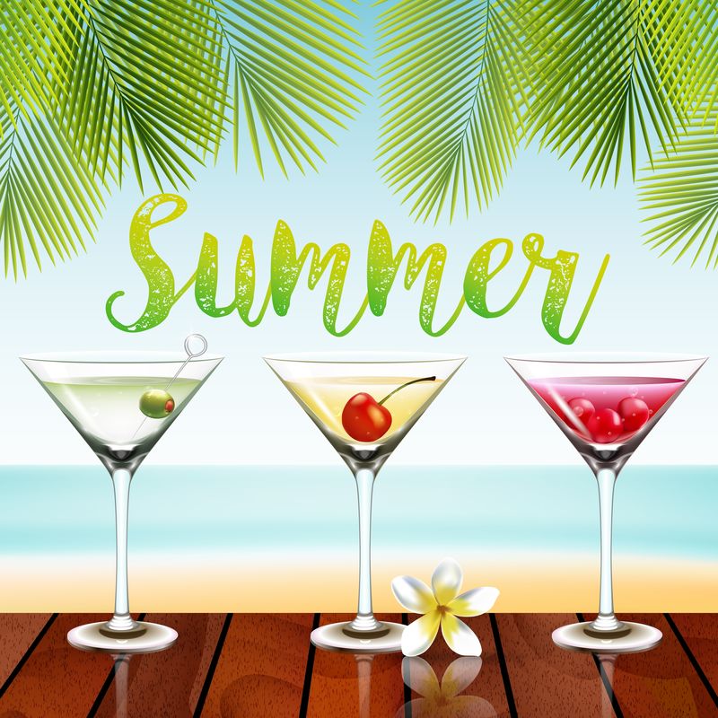 木桌上有樱桃果的夏季鸡尾酒.vector