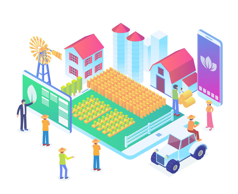 现代等距智能农业管理系统技术说明：人与数字相关资产的白色孤立背景