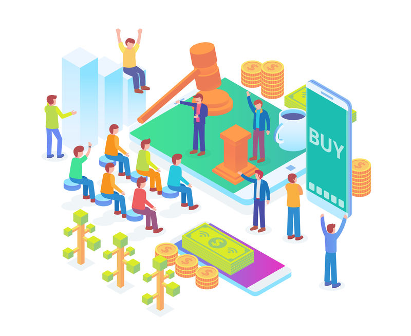 现代等距智能在线拍卖技术与人数字相关资产白隔离背景插图