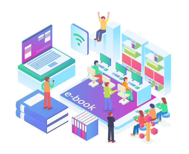 现代等距智能在线图书馆系统技术说明白底隔离人像与数字相关资产