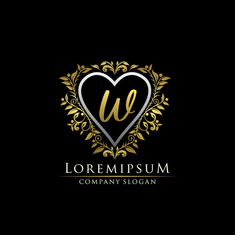 金色豪华心W字母徽章-婚礼标志