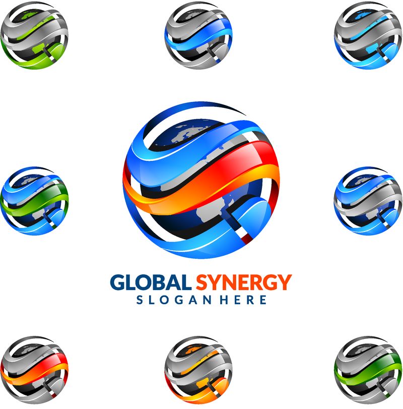 3D全球协同与球体和丰富多彩的现代无限-蓝银和红色或金色的未来技术