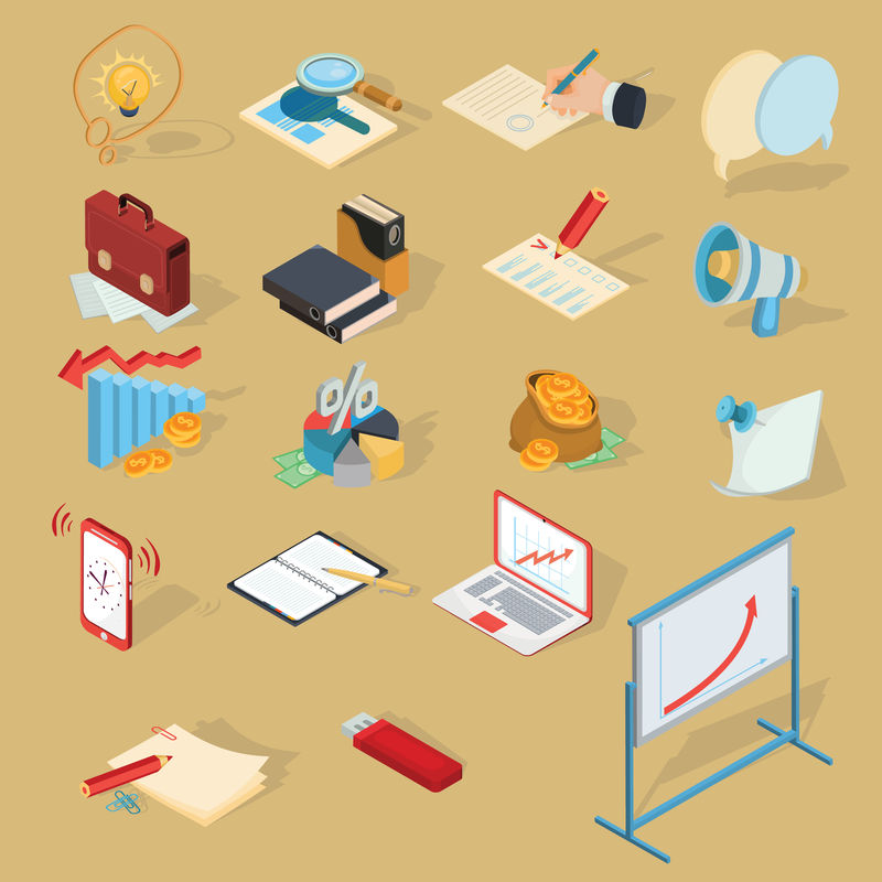 一组矢量等角图业务图标-网站商业文章贴纸的设计元素