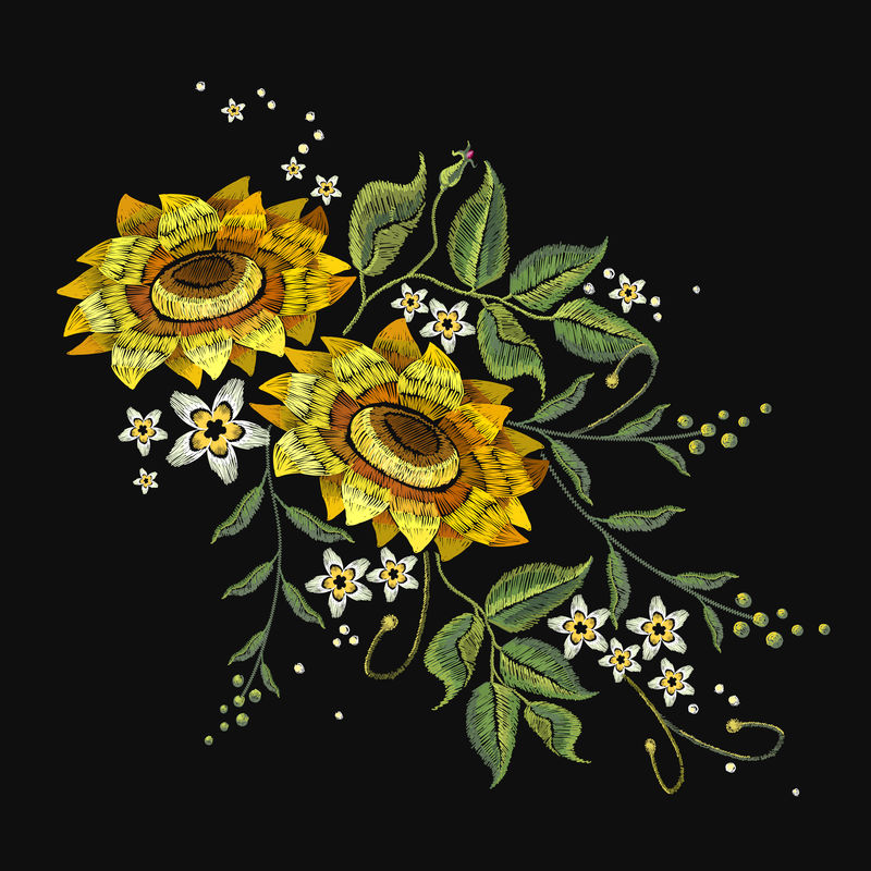绣向日葵花矢量美丽的花束阳光