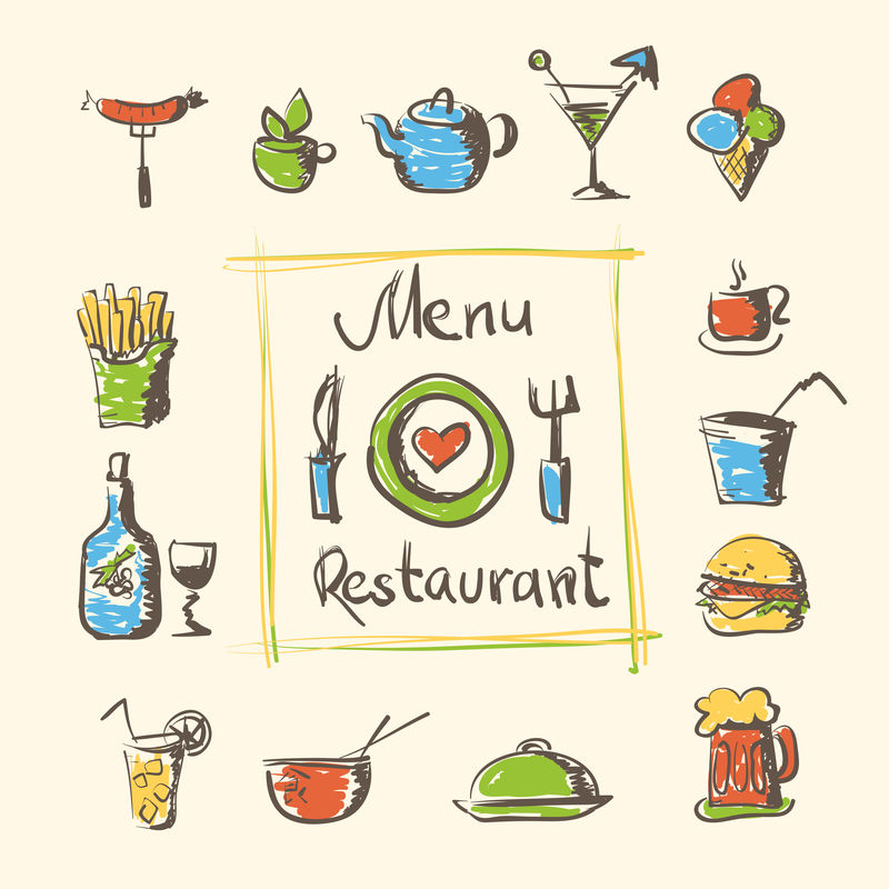 咖啡馆菜单食品和饮料手绘图标