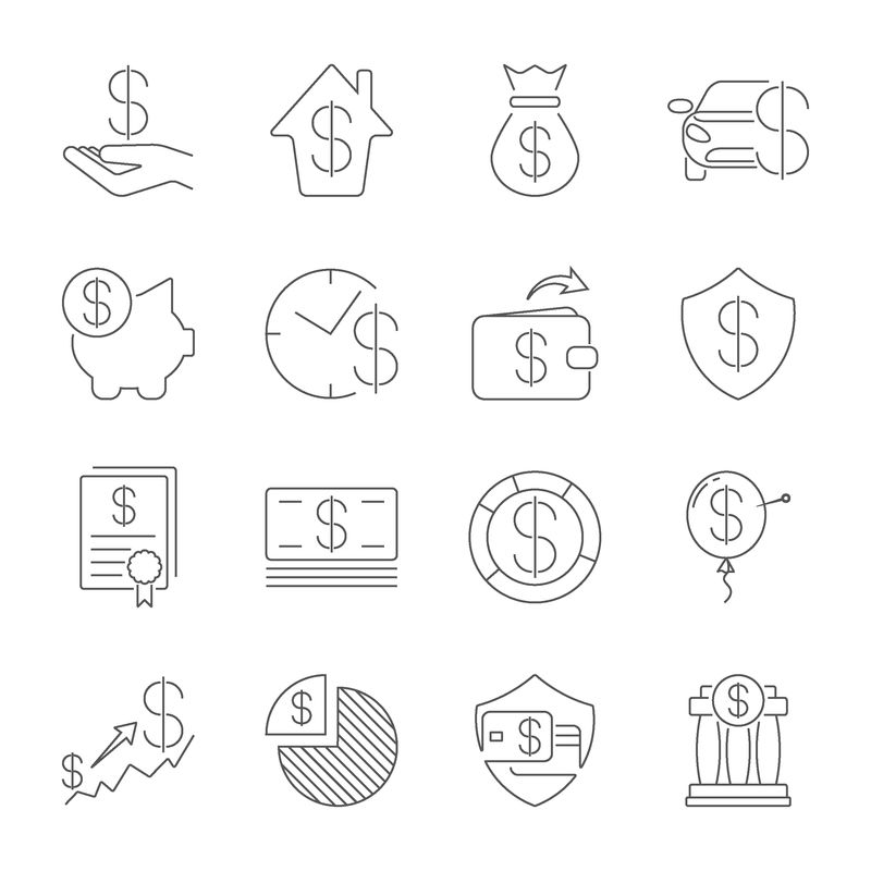 一组简单的与金钱相关的矢量线图标-细线向量图标集-美元-信用卡-钱包-现金-钱袋-存钱罐-投资-堆栈-支票-收据-盾牌-可编辑笔划