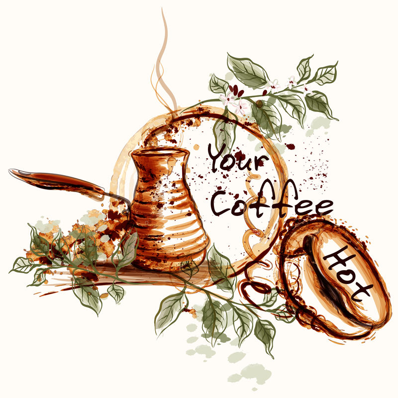 海报或横幅与咖啡塑料杯彩绘水彩画