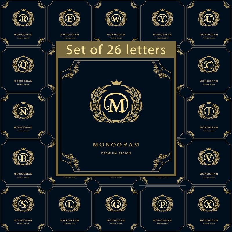 会标设计元素-优美的模板-一套字母标志-书法优雅的线艺术标志设计为名片-皇室-精品店-咖啡厅-酒店-纹章-珠宝-矢量图解