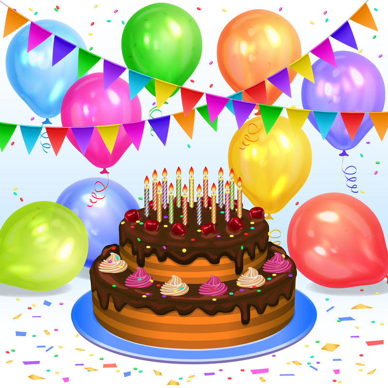 生日蛋糕蜡烛彩色气球五彩纸牌和旗帜