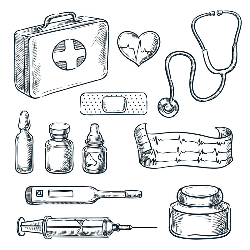 急救箱矢量示意图医学和医疗保健手绘图标和设计元素