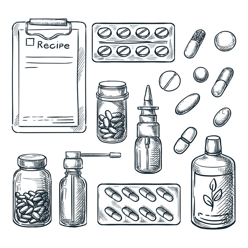药学医学和医疗保健矢量示意图药片药物瓶子处方设计元素