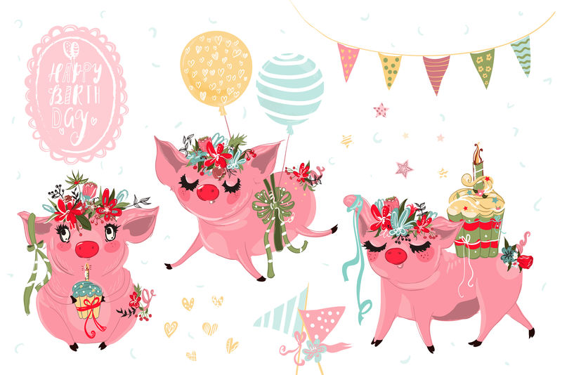 漂亮的猪生日矢量水彩收藏-集设计元素-可爱的猪-花环-气球-蛋糕-儿童生日聚会邀请印刷品