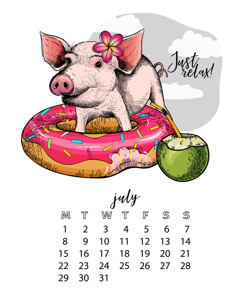 有猪的年历每月图示手绘小猪带油炸圈饼椰尾花七月夏天矢量海报可爱传单墙上横幅规划师复古彩色肖像