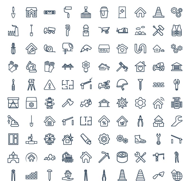 构造图标-时尚的100个建筑图标-包含图标-如医院建筑-房屋建筑-货物挂钩-家庭-城市景观-Web和移动的构造图标