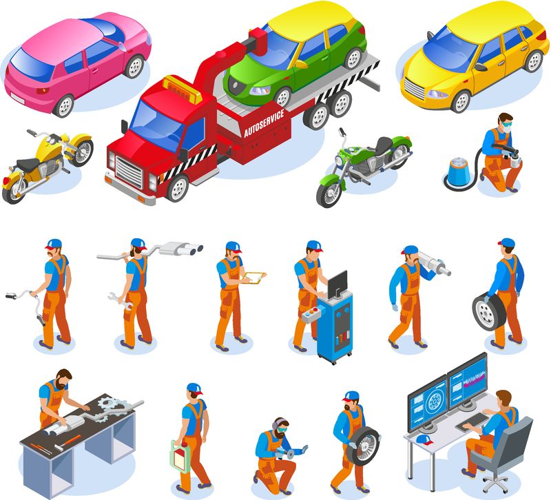 与卡车和摩托车维修符号一起设置的自动维修图标等距独立矢量图
