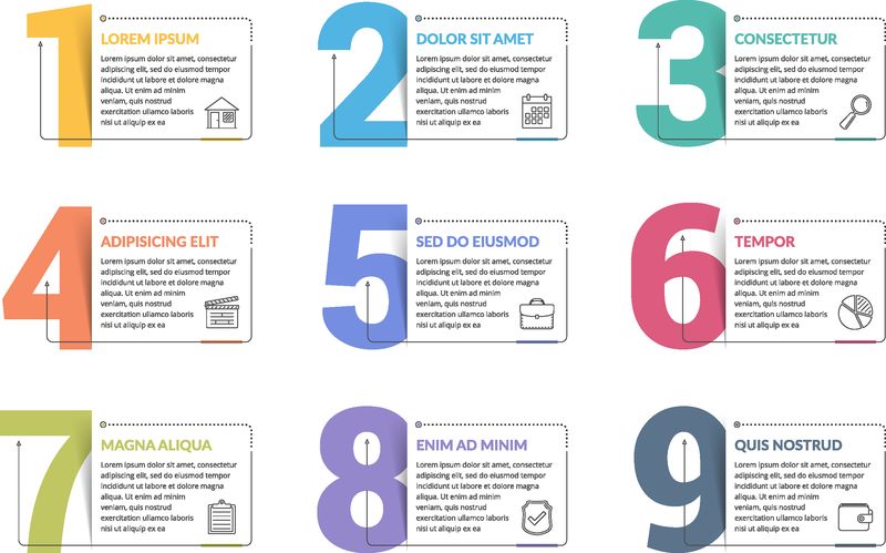 包含九个数字的集合-可作为步骤选项流程设计工作流矢量EPS10插图使用