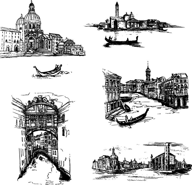 一组城市风景矢量画线草图-意大利-威尼斯-欧洲城市手绘素描