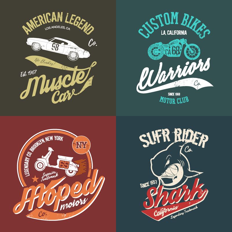 复古美国肌肉车和定制摩托车汽车俱乐部垃圾T恤T恤印刷矢量插图集-复古野生鲨鱼T恤标志概念-纽约布鲁克林拖把手工T恤徽章