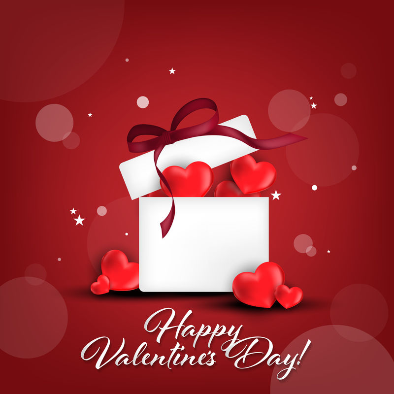 情人节的背景是白色礼盒中的红心-礼盒周围的地板上有红丝带-情人节快乐！文本