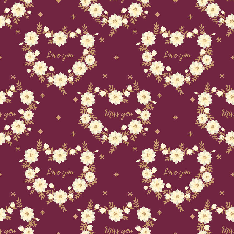 情人节无缝图案-可爱的花朵环绕心形框架-带着爱你和想念你的文字-爱情和情人节的概念