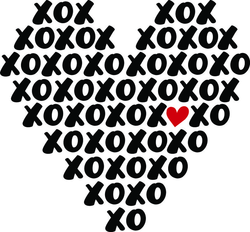 XOXO拥抱亲吻大胆的矢量图案-手绘时尚时髦的黑白XO背景-墨水粗糙的毛笔纹理