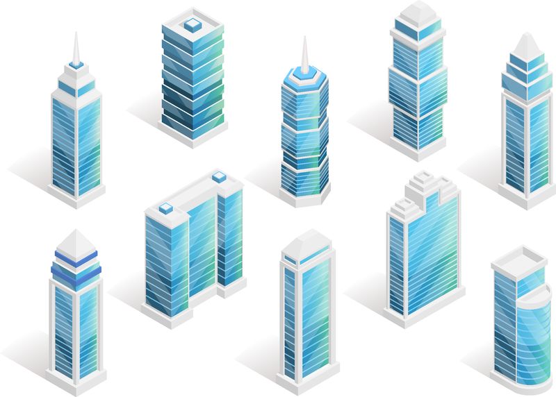 城市房屋等轴测集现代建筑孤立矢量图