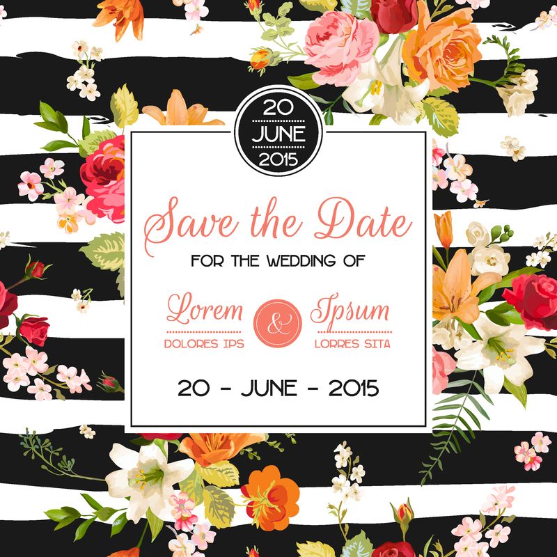 婚礼邀请模板-带百合和兰花花的鲜花贺卡-婚宴庆典装饰-矢量图解