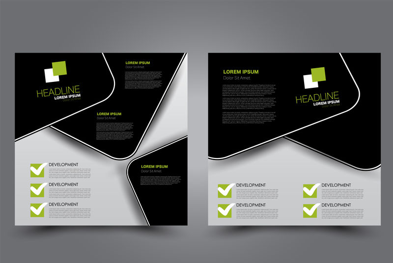 方形传单设计小册子封面网站或广告横幅模板矢量图黑色和绿色