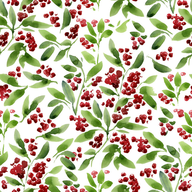 圣诞水彩无缝图案-冬青和红色浆果