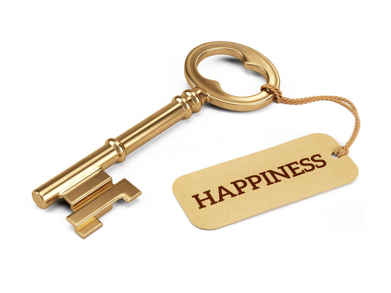 幸福概念的钥匙-金钥匙与幸福标签孤立在白色。三维插图