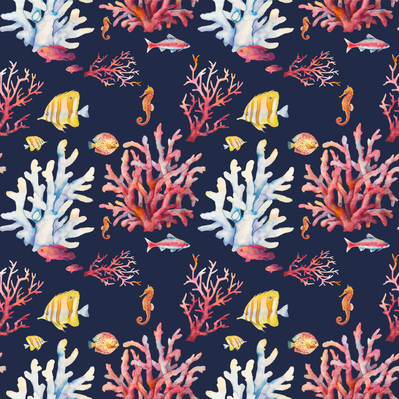 水彩珊瑚礁无缝图案 手绘写实的背景设计 以热带鱼类 珊瑚 海马为深色背景 纸 织物 壁纸的自然重复纹理设计素材 高清图片 摄影照片 寻图免费打包下载