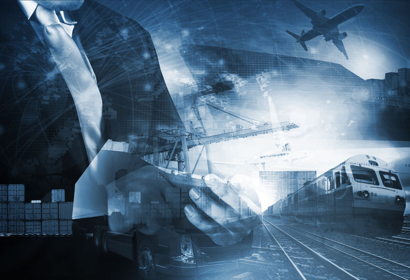 世界贸易与工业卡车,火车,轮船和空运货物